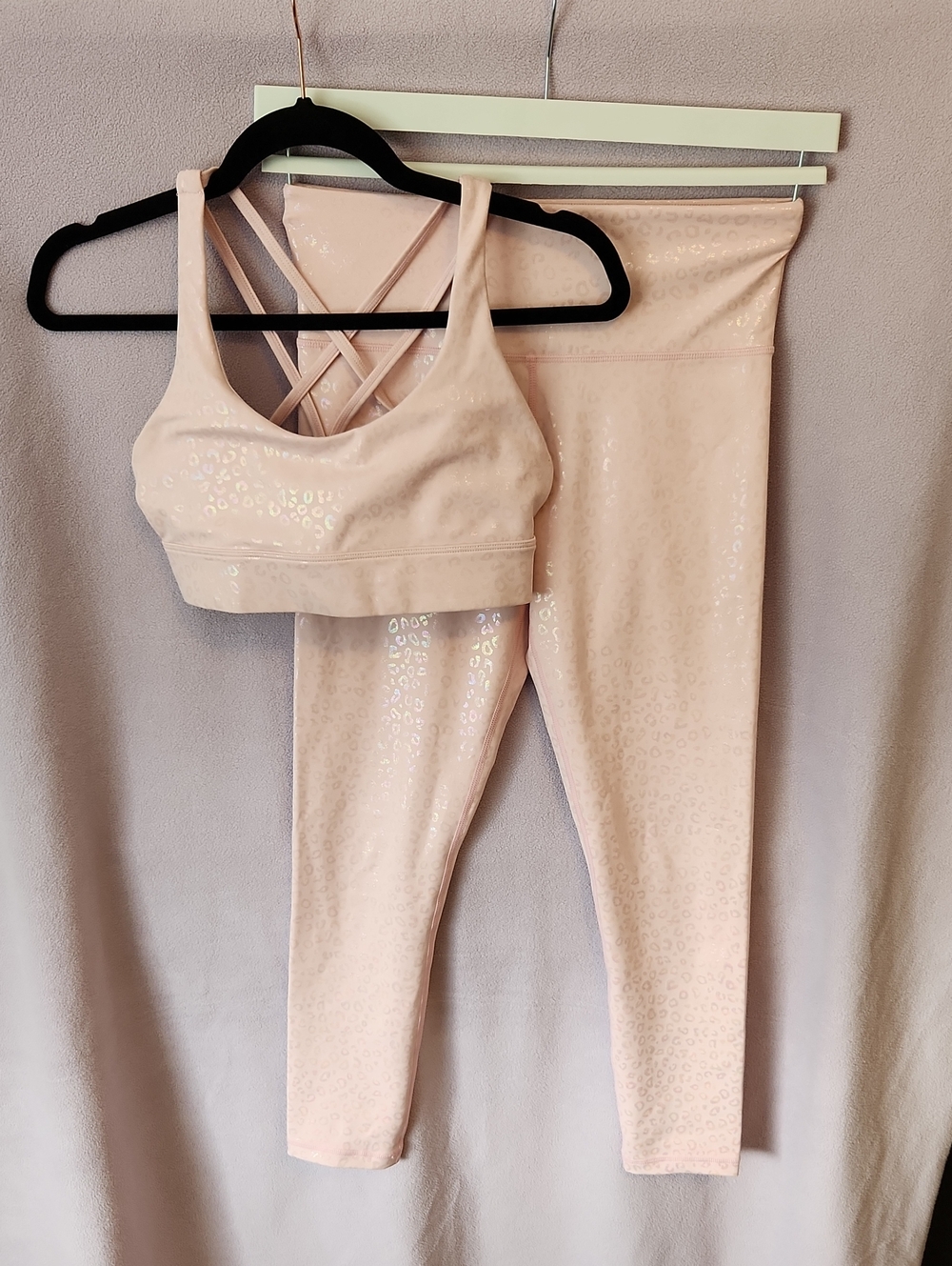 ZYIA Light Pink Shimmer Leopard Print Activewear Set - Sports Bra & Leggings